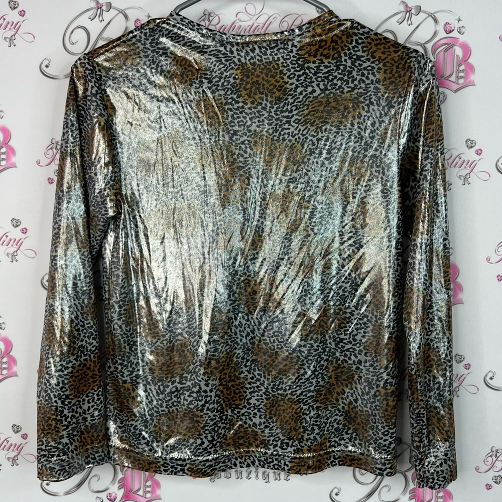 Pippin street shirt shiny long sleeve animal Metallic Leopard Print Blouse retro - Picture 2 of 8
